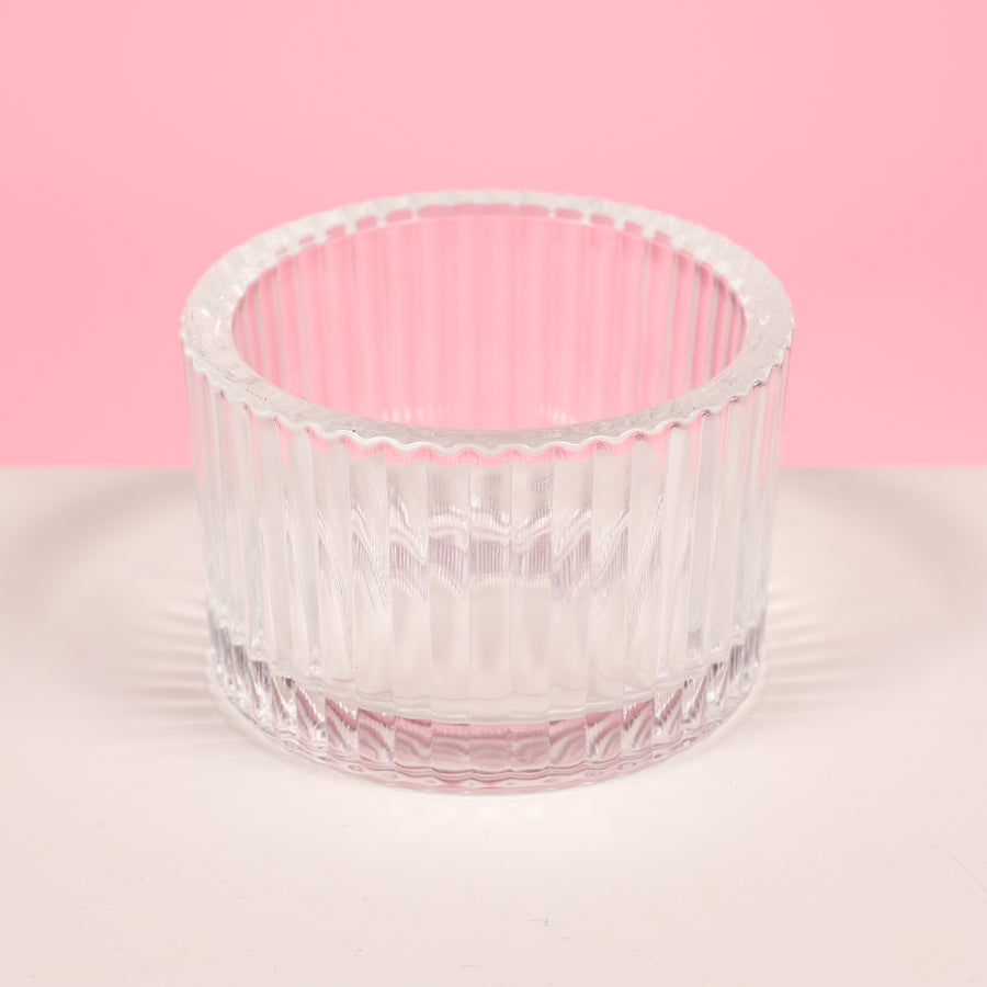 Ribbed Glass Tea Light Candle Holder Close Up