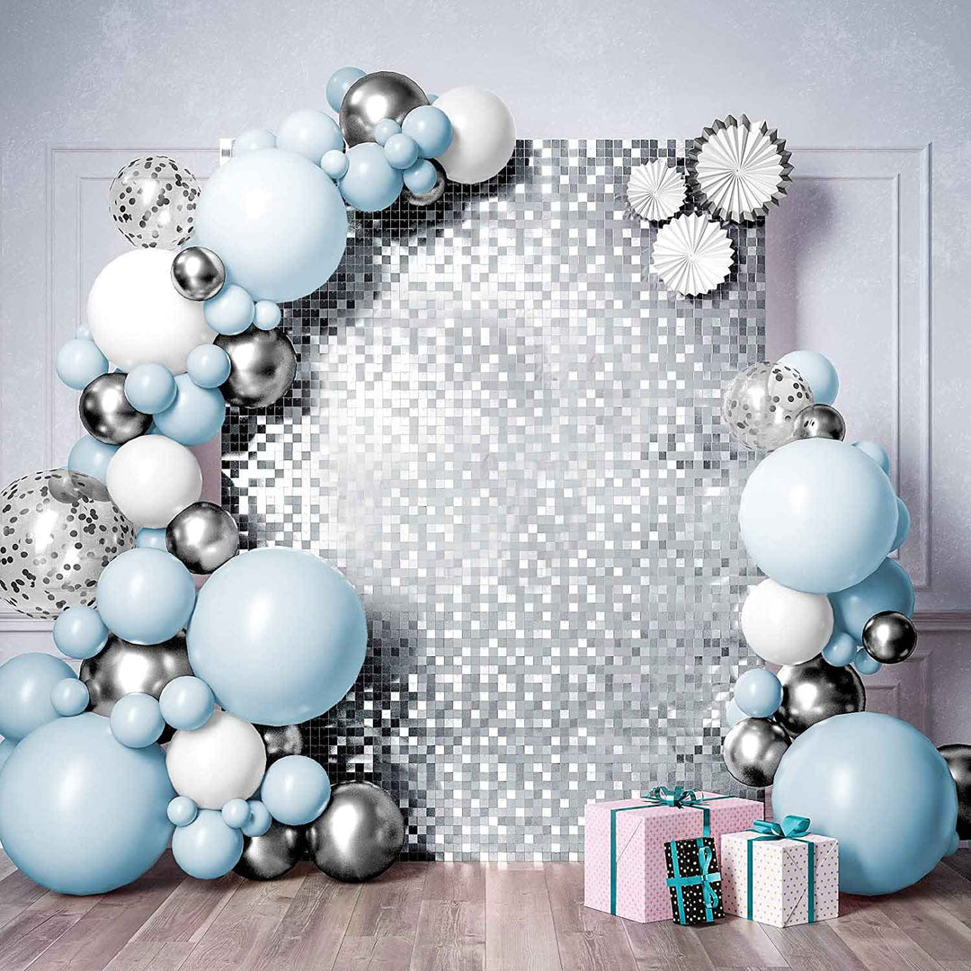 Sequin Shimmer Wall Backdrop & Frame Package - Silver - party display with balloon garland