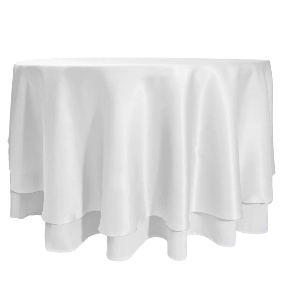 Round Satin Tablecloth Overlay - White (230cm) over white tablecloth