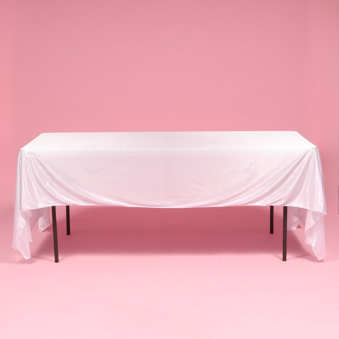 Ice Silk Satin Draping Tablecloth – White (1.5x3m), one single tablecloth laying flat on a 6ft table