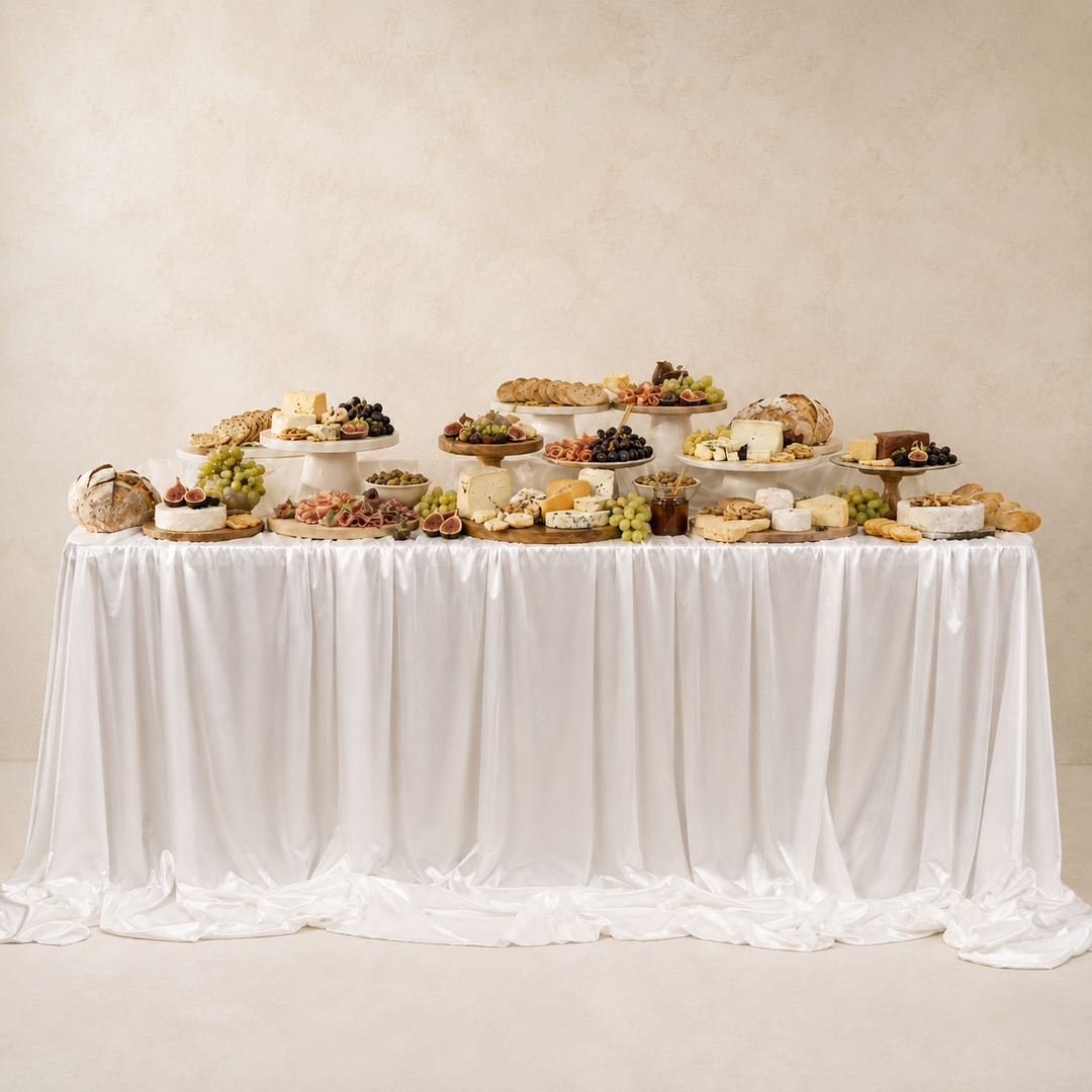 Ice Silk Satin Draping Tablecloth, used as a buffet grazing table with foods displayed at varying levels