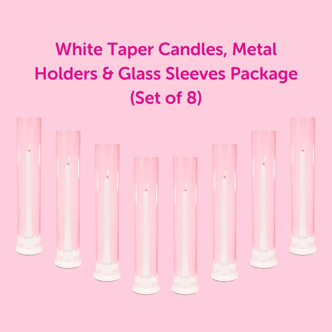 White Taper Candles, Metal Holders & Glass Sleeves Package (Set of 8)