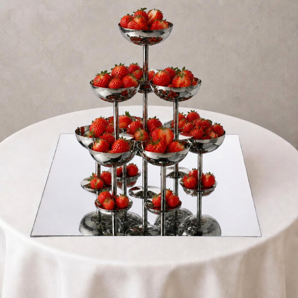 Square Mirror Centrepiece Plate (30cm) with Metal Dessert / Snack Coupe Cups - Silver