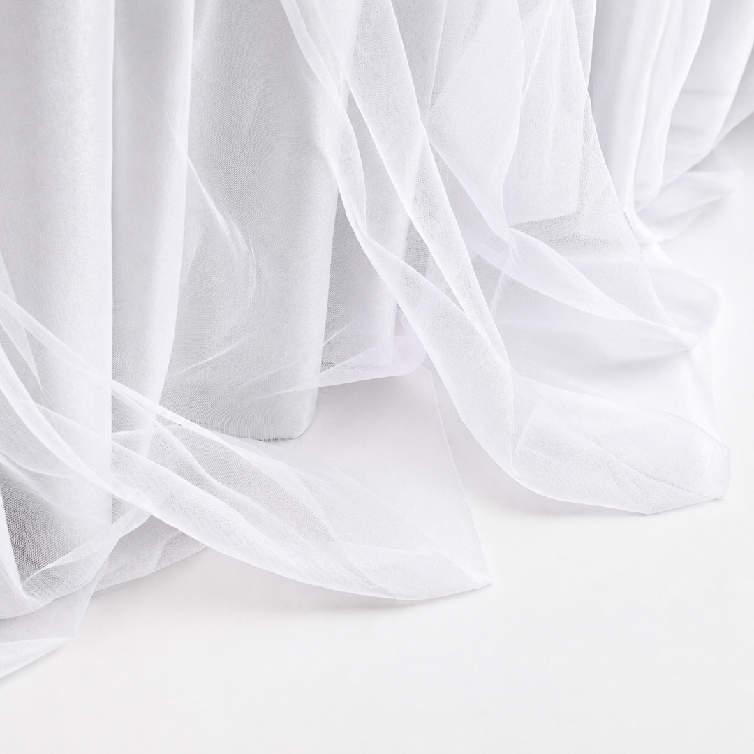 Tulle and Ice Silk Layered Table Skirting + BONUS Clips - White (5.2m) bottom of skirting