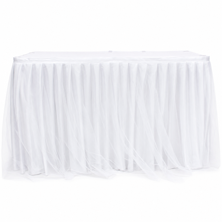 Tulle and Ice Silk Layered Table Skirting + BONUS Clips - White (3m)