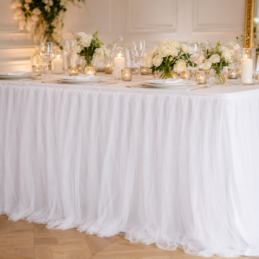 Tulle and Ice Silk Layered Table Skirting + BONUS Clips - White (3m) in dinner setting