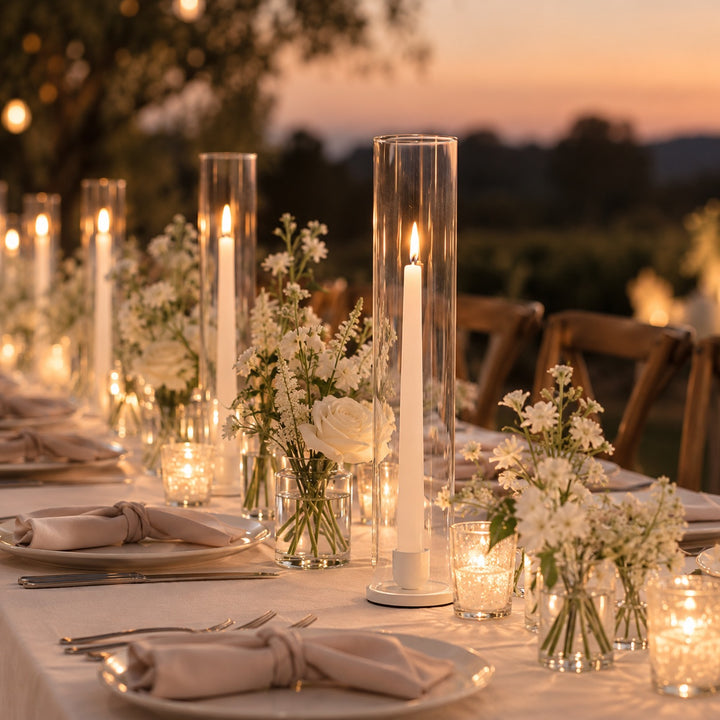 White Taper Candles, Metal Holders & Glass Sleeves Package (Set of 8)