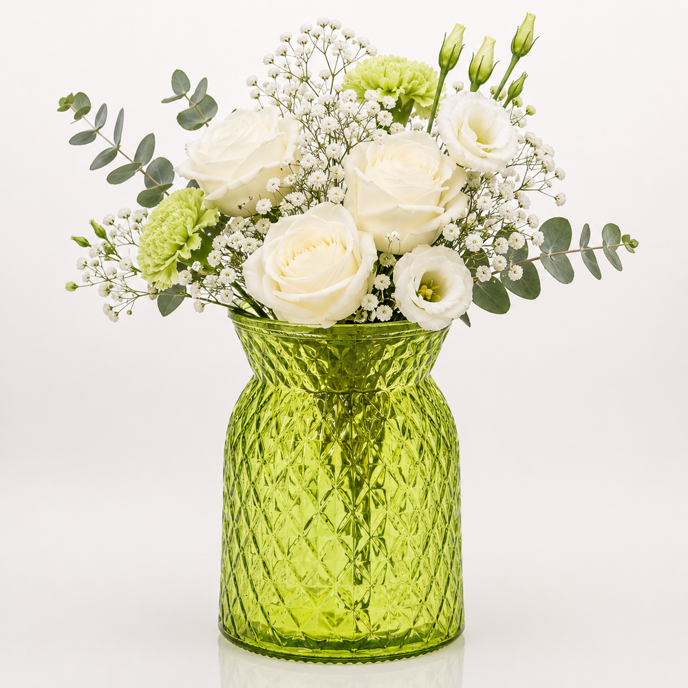 Vintage Bud / Posey Glass Vase - Green (11.5x16cm) with Flowers 