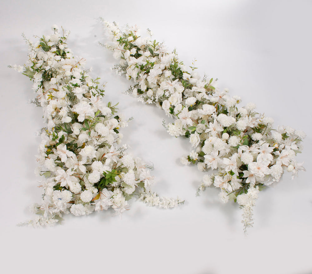 Two-piece Crescent Arch Flower Frame with floral arrangement attached laying flat on ground