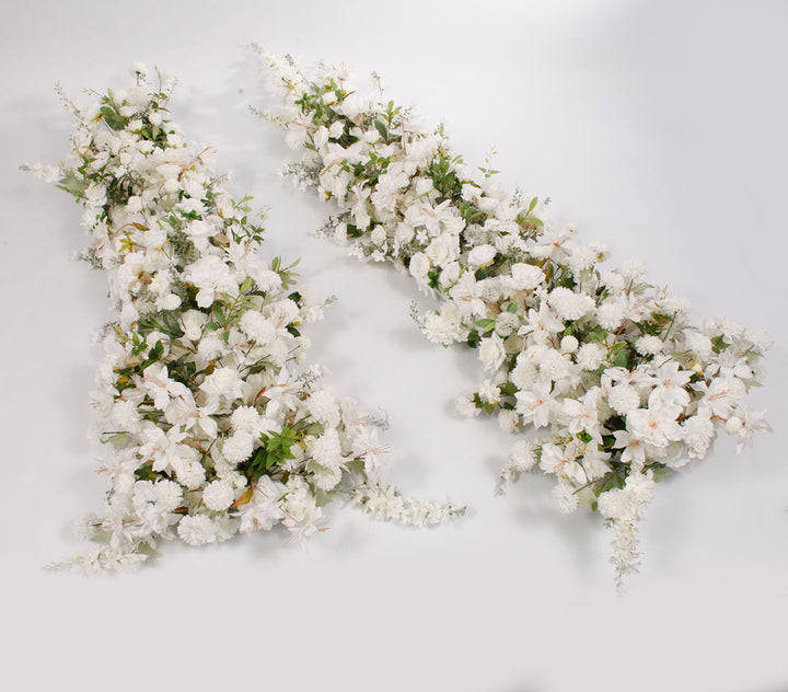 Two-piece Crescent Arch Flower Frame with floral arrangement attached laying flat on ground