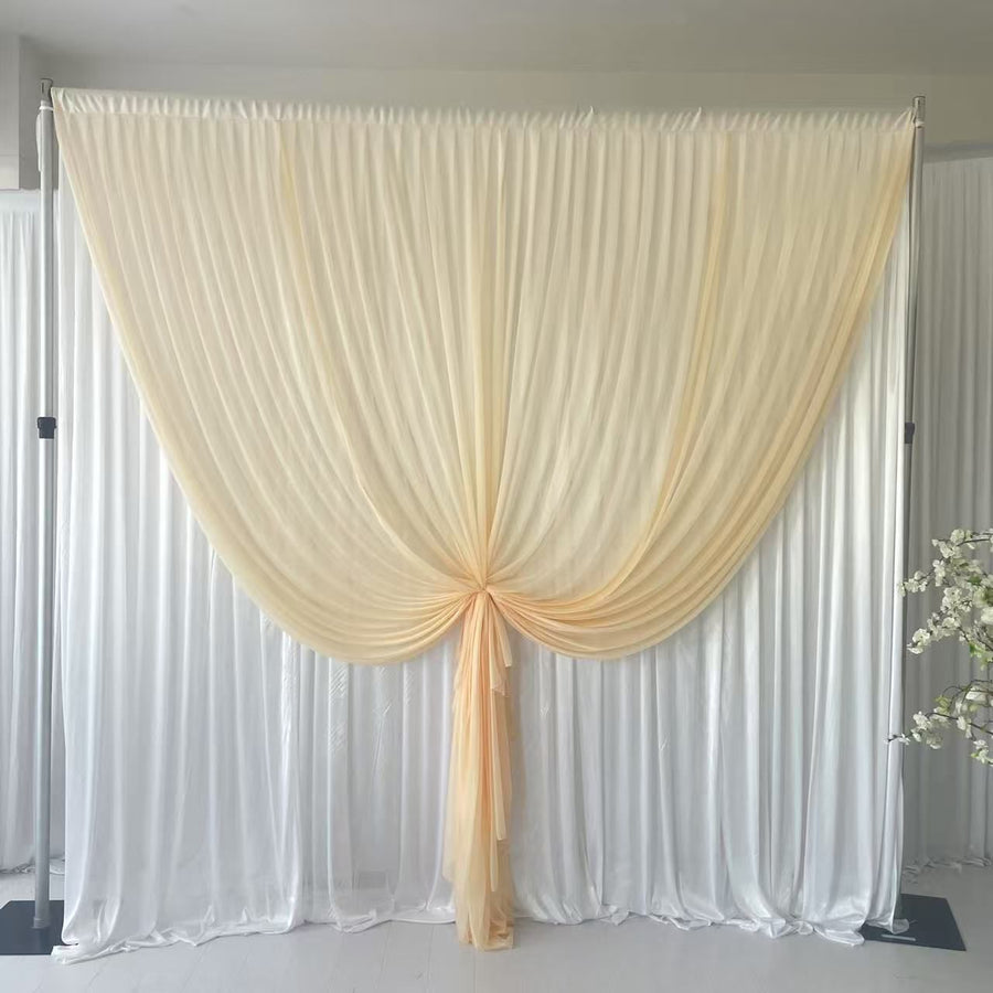 Beauty Organza Backdrop Curtain with Satin Silk Backing 3mx3m - Champagne & White, front layer tied up