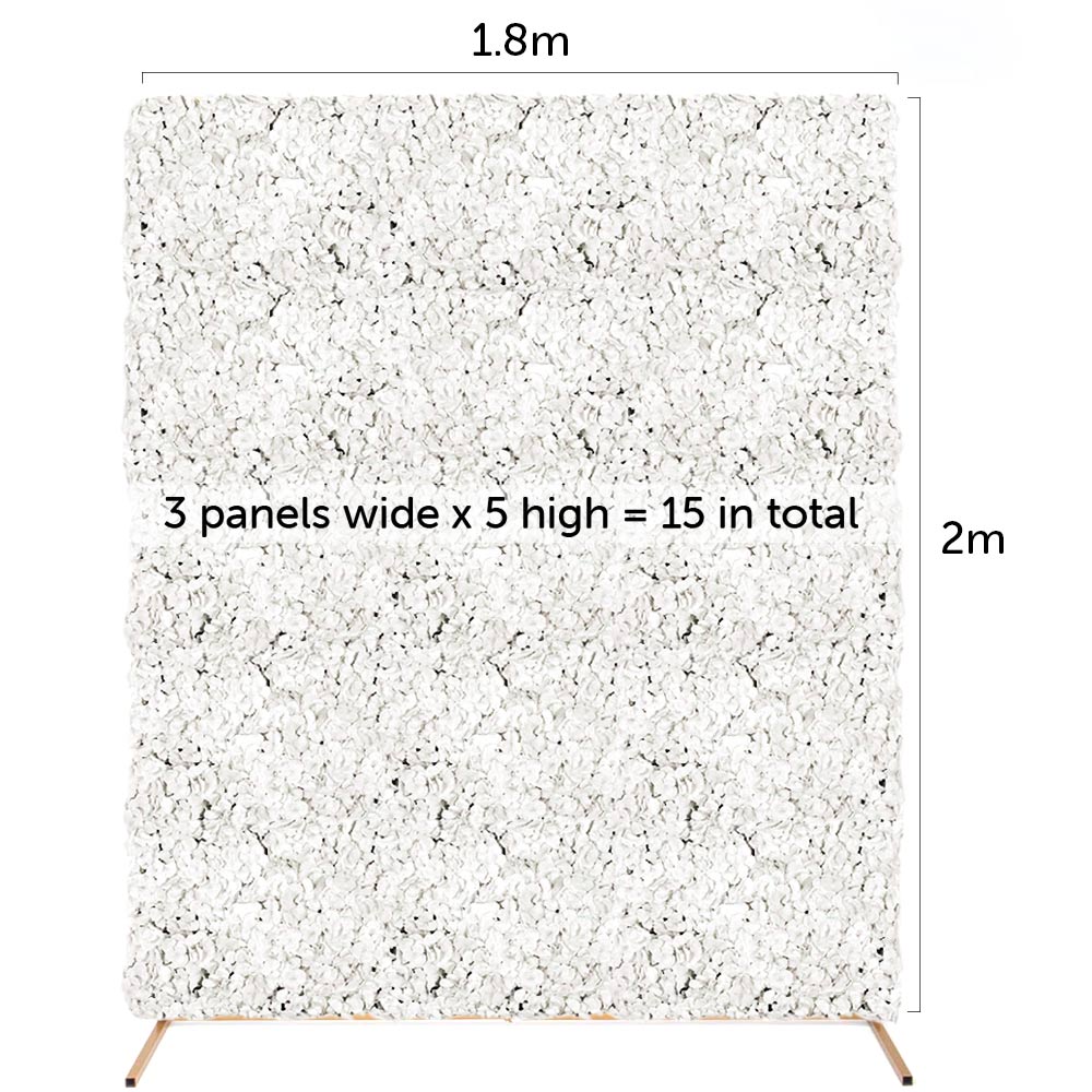 White flower wall combo measurements 1.8m wide by 2m high uses 15 flower panels, 