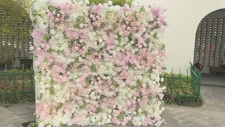 3D Flower Wall Backdrop Curtain - White & Pink (3x3m ROLL UP) video 1