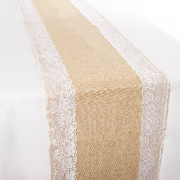 Hessian and Lace Table Runners (lace edging) 30cm x 275cm