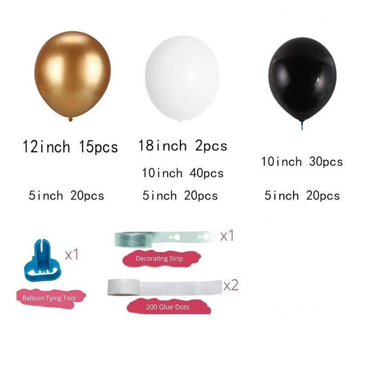 Black gold white Balloon garland contents