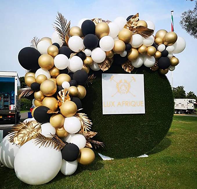 Black gold white Balloon garland setup