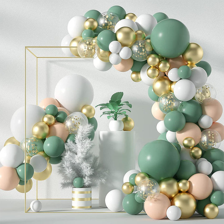 Green BLush Gold balloon garland on Gold iron frame