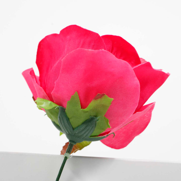 CLOSE UP HOT PINK SINGLE ROSE WITH GREEN LEAFS