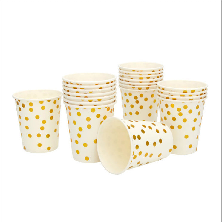 24 person Premium Paper Plate Dinner Set - White and Metallic Gold Polkadots - Paper Plates, Cups, Cutlery, Straws - 193 pieces