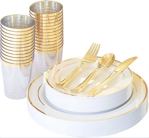PLASTIC PLATE SET GOLD AND WHITE