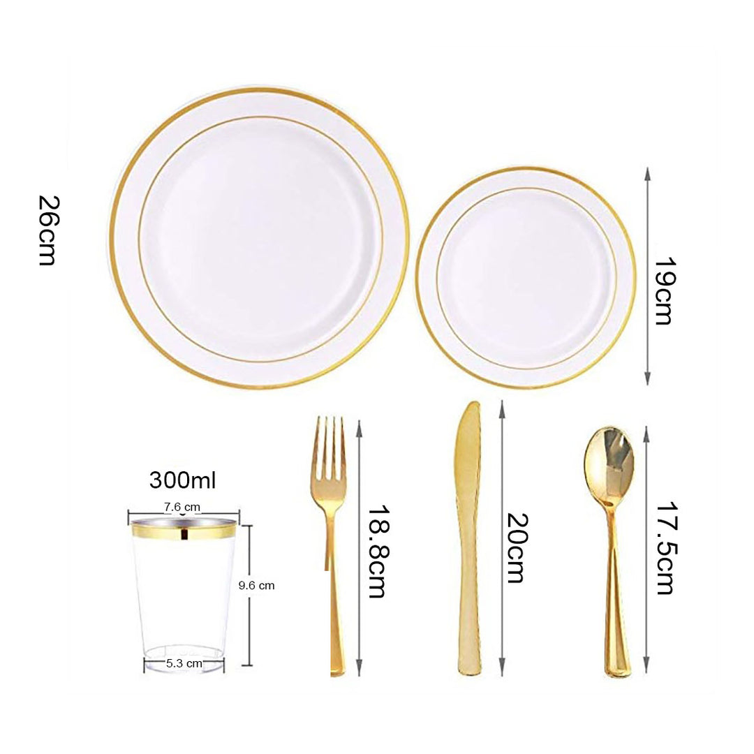 Plastic Dinner Plate Set Plates, Cups, Cutlery Gold White (150pc 25 Person)