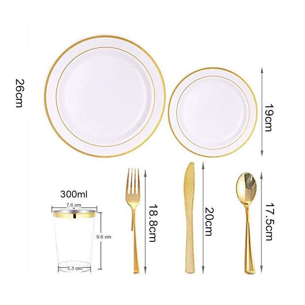 PLASTIC PLATE SET GOLD AND WHITE contents