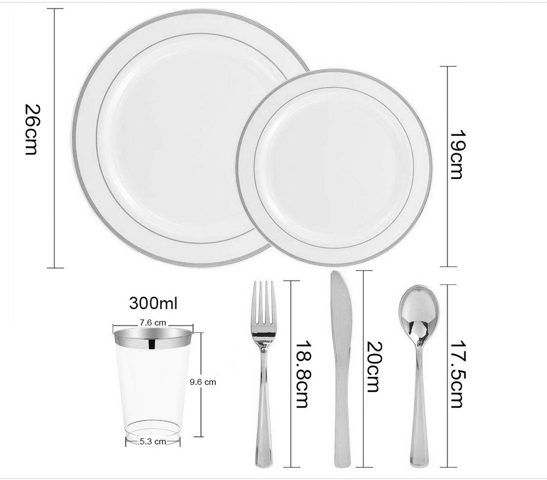 PLASTIC PLATE SET SILVER AND WHITE dimensions