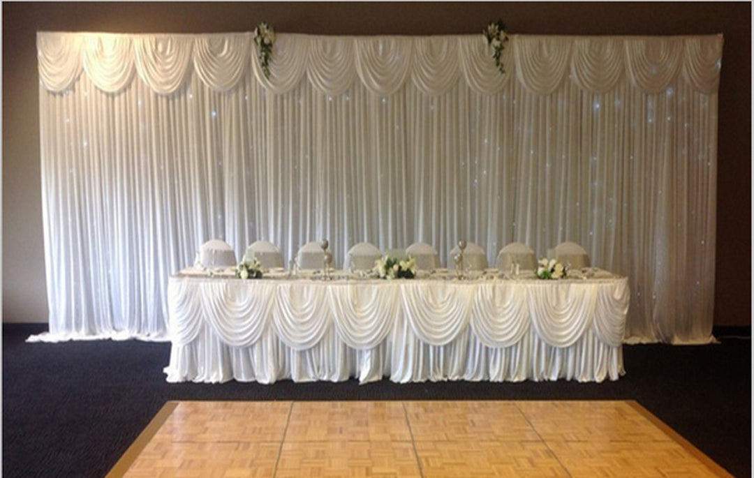 White Ice Silk Satin Backdrops - 3 meters length x 3 meters high With Matching Table Skirting