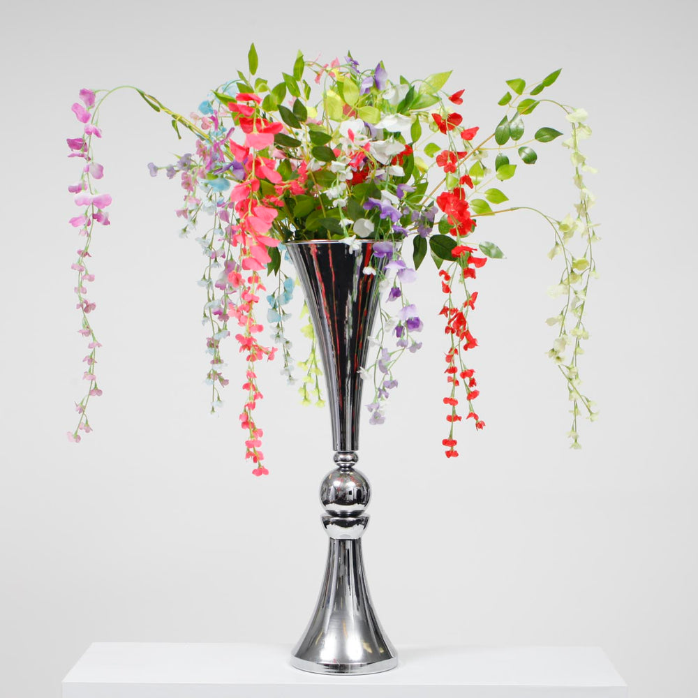 Trumpet Centrepiece Vase - Silver (70cm Tall) With flowers