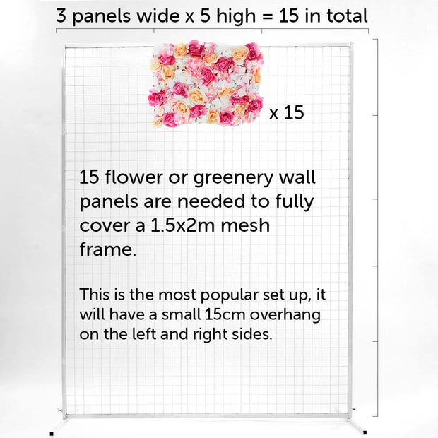 one pink flower wall on white mesh frame 1.5 x 2m high. there are 15 flower wall panels needed to cover the frame