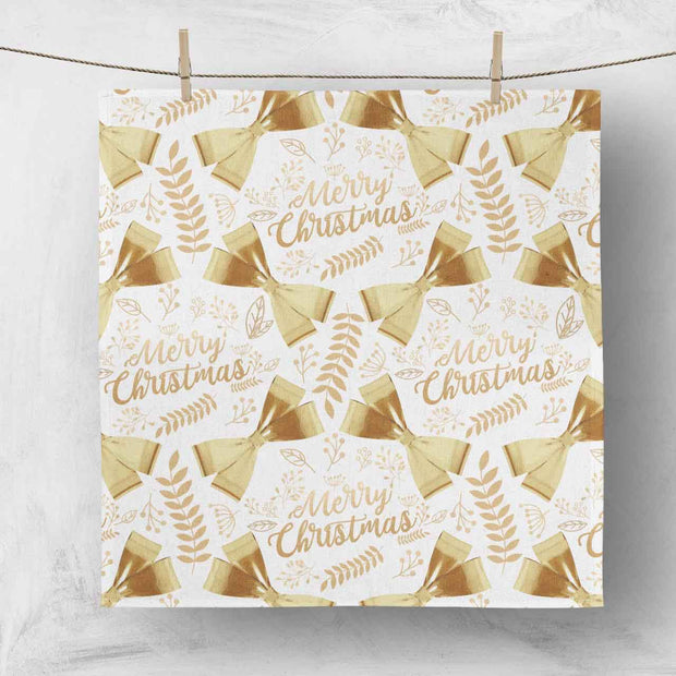 Christmas Napkins - Merry Christmas Gold Bows on White (50x50cm)
