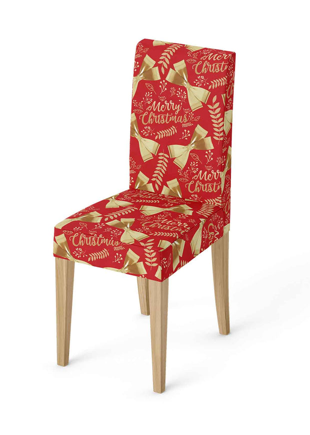 Red Chair Topper with Gold Bows and gold writing Merry Christmas