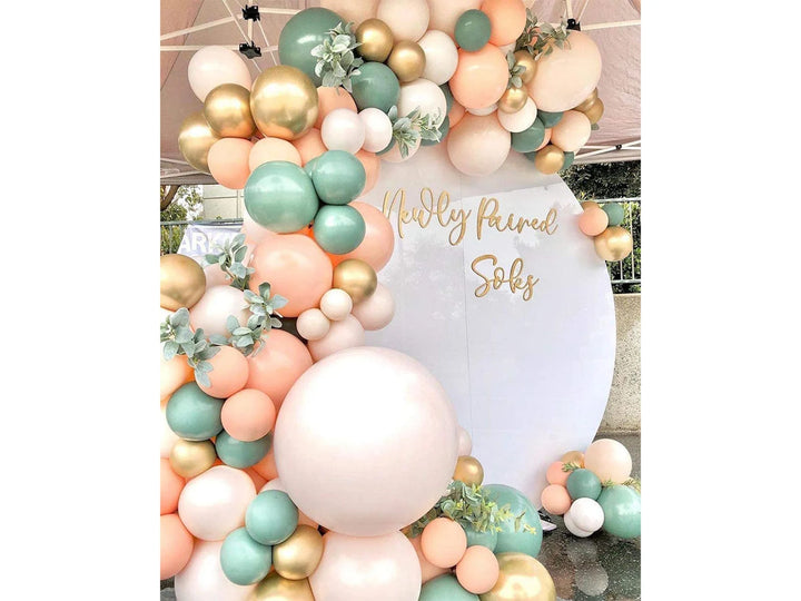 peach,sage, pink, blush balloon garland with white round sign